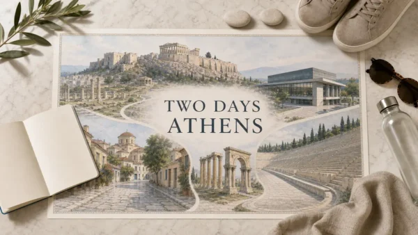 Athens 2 Day Itinerary: The Ancient Core in the Right Order 6 Two-day Athens itinerary flat lay with the Acropolis, Agora, Plaka, Acropolis Museum and a final monument choice