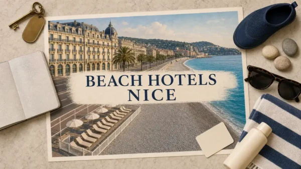 Overhead Nice beach-hotel flat lay with an illustrated seafront hotel, Promenade road, empty private concession and public pebble beach.