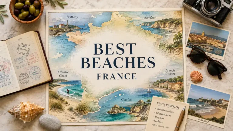 Overhead travel flat lay with an illustrated map of France's beach regions, passport, shells, sunglasses, postcards, olives, and a beach checklist.