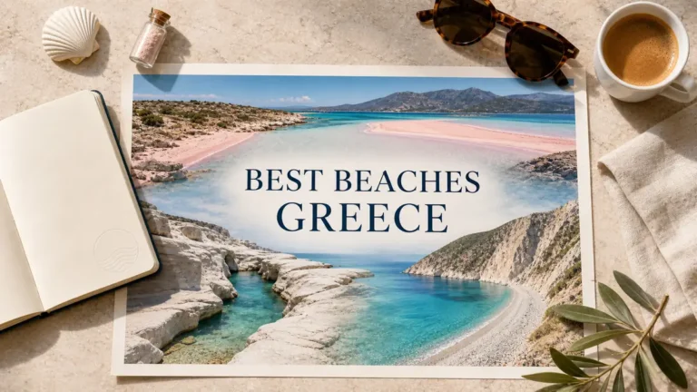 Best Beaches in Greece: 12 Worth Building a Trip Around 5 Best beaches in Greece flat lay with a pink lagoon, white volcanic coast and cliff-backed turquoise cove