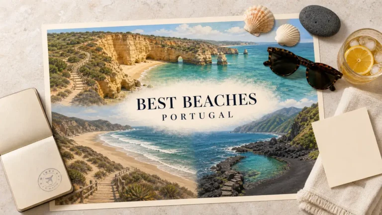 Portugal beaches flat lay with an Algarve limestone cove, wild Atlantic sand and a volcanic lava pool