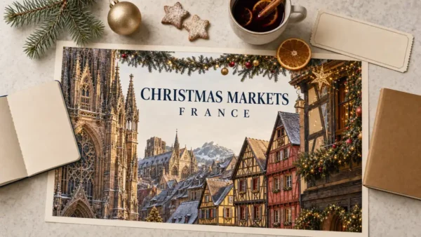 Overhead French Christmas travel flat lay with festive Strasbourg-style Gothic stonework and Colmar half-timbered facades.