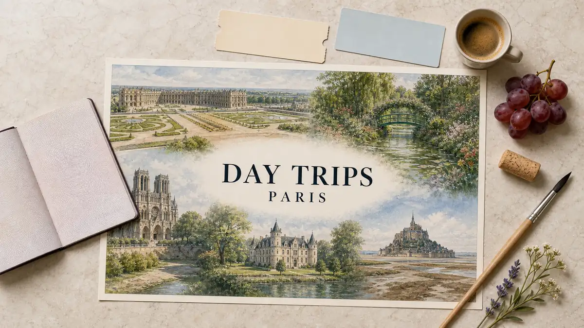 Best Day Trips from Paris — and How to Choose Yours 2 Overhead Paris day-trip flat lay with an illustrated panorama of Versailles gardens, Giverny, Reims, a Loire château and Mont-Saint-Michel.
