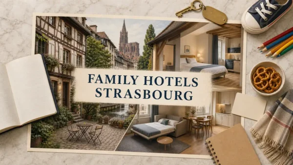 Overhead Strasbourg family-hotel flat lay with an illustrated half-timbered hotel, quiet courtyard, family room and kitchen-equipped apartment.