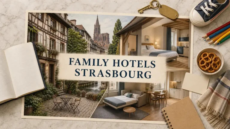 Overhead Strasbourg family-hotel flat lay with an illustrated half-timbered hotel, quiet courtyard, family room and kitchen-equipped apartment.