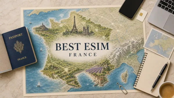 Overhead France eSIM-planning flat lay with an illustrated connectivity map, passport, blank smartphone, eSIM card, laptop, Europe map, notebook and travel props.