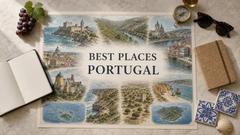 Portugal travel flat lay comparing Lisbon, Porto, wine country, historic towns, Atlantic coasts and the islands