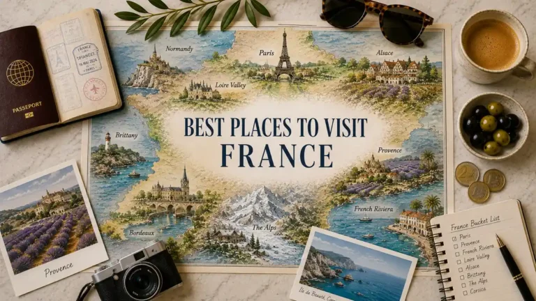 Best places to visit in France flat lay with illustrated map, passport, postcards, coffee, olives, euro coins, camera, and travel notebook.