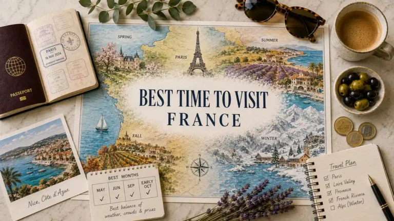 Best time to visit France flat lay with seasonal map, passport, calendar, lavender, coffee, coins, and travel notebook.