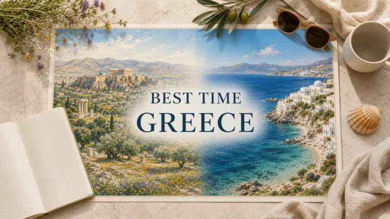 Best Time to Visit Greece: Islands vs Mainland, Month by Month 3 Greece seasonal travel flat lay contrasting a green spring mainland with a warm September island coast