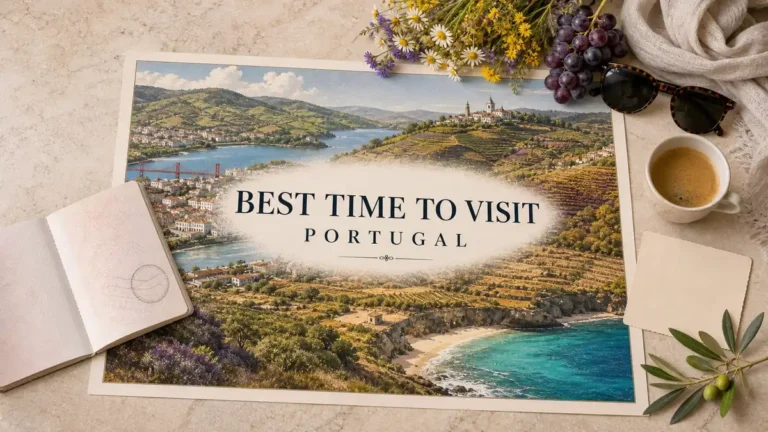 Portugal seasonal travel flat lay with green northern hills, Douro vineyards, Lisbon and a sunny Algarve cove