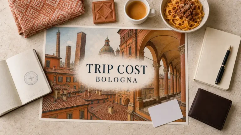 Bologna Trip Cost: What to Budget Per Day and Per Trip 6 Overhead Bologna trip-budget flat lay with illustrated terracotta rooftops, the Two Towers and empty porticoes.