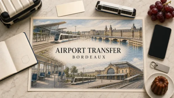 Overhead Bordeaux airport-transfer flat lay with an illustrated terminal, empty blue-and-white tram, Garonne waterfront and Saint-Jean station, framed by travel props.