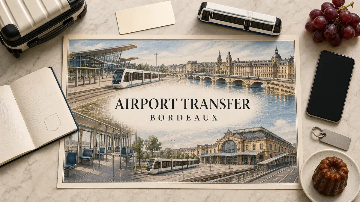Bordeaux Airport Transport: Tram F, Shuttle, Taxi or Transfer? 2 Overhead Bordeaux airport-transfer flat lay with an illustrated terminal, empty blue-and-white tram, Garonne waterfront and Saint-Jean station, framed by travel props.