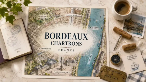 Chartrons, Bordeaux: Where to Stay in a Quarter This Long 12 Top-down Bordeaux Chartrons map with passport, coffee, wine-trade props and antiques details.