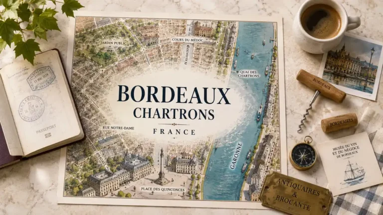 Chartrons, Bordeaux: Where to Stay in a Quarter This Long 4 Top-down Bordeaux Chartrons map with passport, coffee, wine-trade props and antiques details.