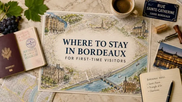 Bordeaux map flat lay with a passport, grapes, coffee, and neighborhood notes for first-time visitors.