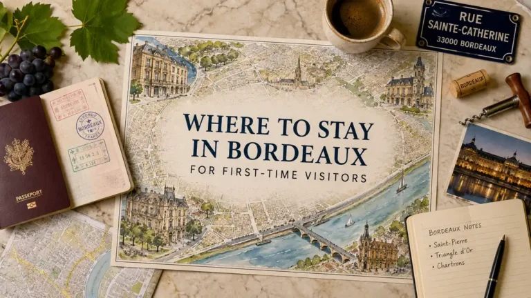 Where to Stay in Bordeaux for First-Time Visitors 5 Bordeaux map flat lay with a passport, grapes, coffee, and neighborhood notes for first-time visitors.