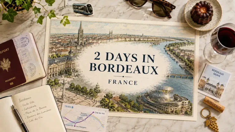 Bordeaux 2-Day Itinerary: Old Core First, Quays Second 3 Overhead Bordeaux itinerary flat lay with illustrated city map, passport, tram route card, canelé and wine.