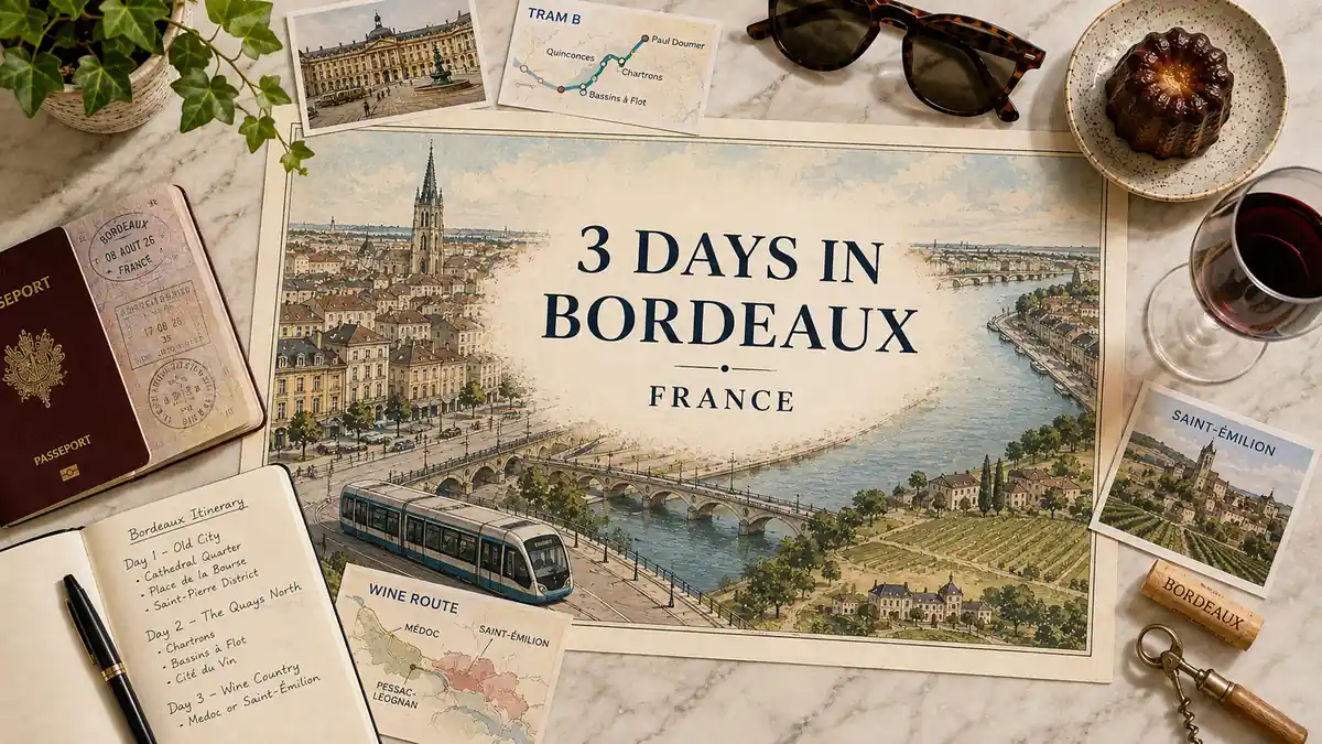 Bordeaux 3-Day Itinerary: Two Days In, One Day (or Half) Out 2 Overhead Bordeaux itinerary flat lay with illustrated city map, passport, tram card, wine route, canelé and red wine.