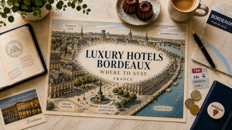 Overhead flat lay with an illustrated Bordeaux map highlighting the Triangle d'Or and Quinconces for a luxury stay guide.