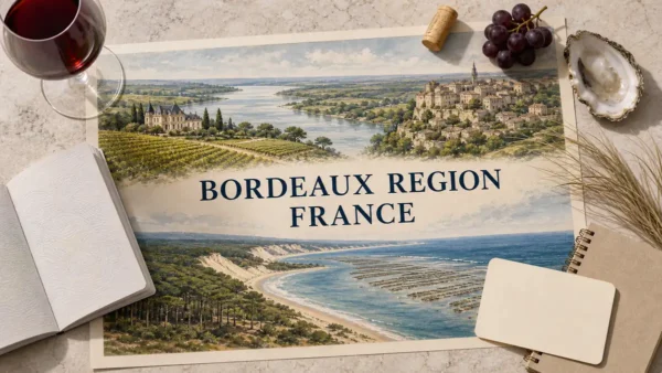 Overhead Bordeaux region travel flat lay with an illustrated vineyard, Saint-Émilion hill village, Gironde waterway, Arcachon Bay and Atlantic dunes.