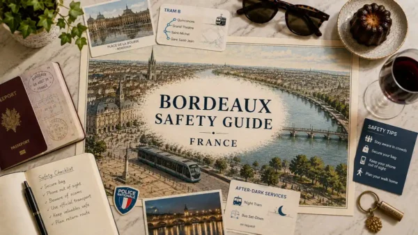 Overhead Bordeaux safety flat lay with illustrated city map, passport, tram card, checklist, canelé and red wine.