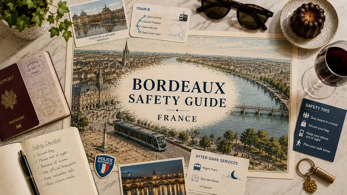 Is Bordeaux Safe? A Calm, Calibrated Bordeaux Safety Guide 2 Overhead Bordeaux safety flat lay with illustrated city map, passport, tram card, checklist, canelé and red wine.