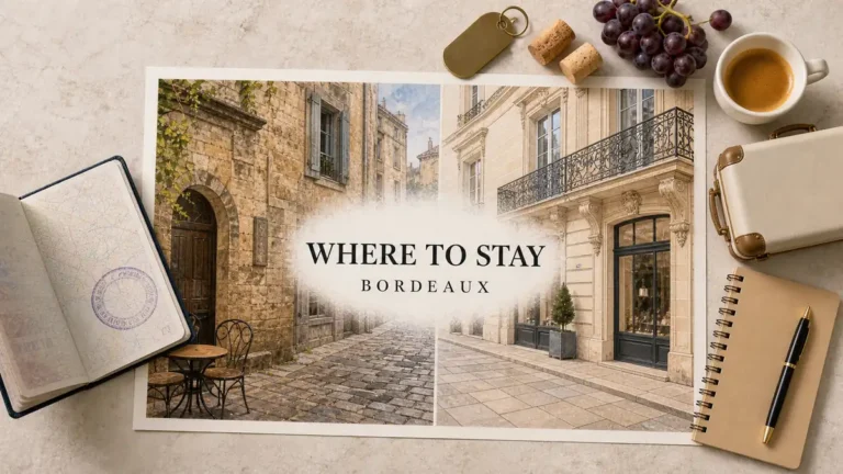 Bordeaux: Saint-Pierre vs Triangle d'Or 7 Overhead Bordeaux stay-comparison flat lay with an empty medieval Saint-Pierre lane and polished Triangle d'Or facade.