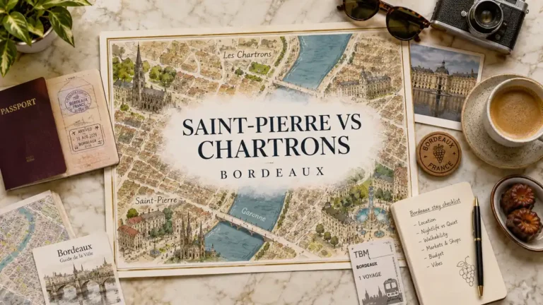Saint-Pierre vs Chartrons: Where to Stay in Bordeaux 6 Overhead Bordeaux travel flat lay with an illustrated map comparing Saint-Pierre and Chartrons.