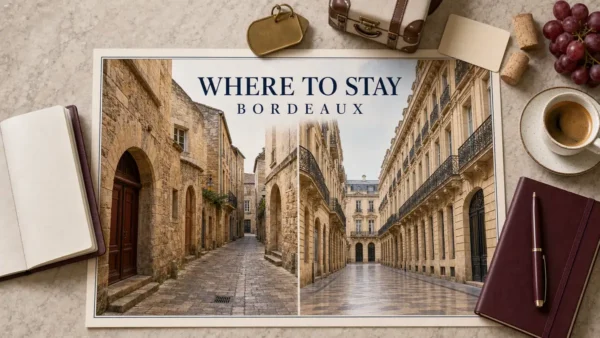 Overhead Bordeaux stay-comparison flat lay with an empty medieval Saint-Pierre lane and polished Triangle d'Or facades.