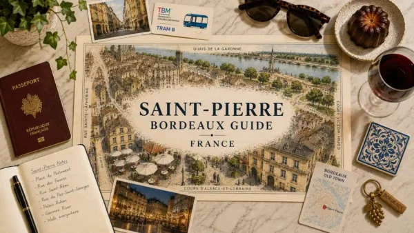 Saint-Pierre, Bordeaux: Where to Stay for the Evening You Want 11 Overhead Saint-Pierre Bordeaux flat lay with illustrated old-town map, passport, notebook, transit card, canelé and wine.