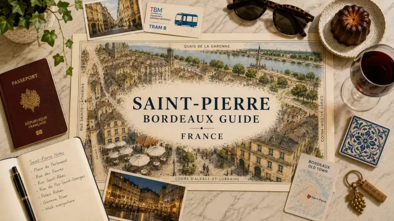 Saint-Pierre, Bordeaux: Where to Stay for the Evening You Want 3 Overhead Saint-Pierre Bordeaux flat lay with illustrated old-town map, passport, notebook, transit card, canelé and wine.