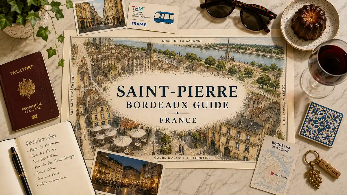 Saint-Pierre, Bordeaux: Where to Stay for the Evening You Want 2 Overhead Saint-Pierre Bordeaux flat lay with illustrated old-town map, passport, notebook, transit card, canelé and wine.