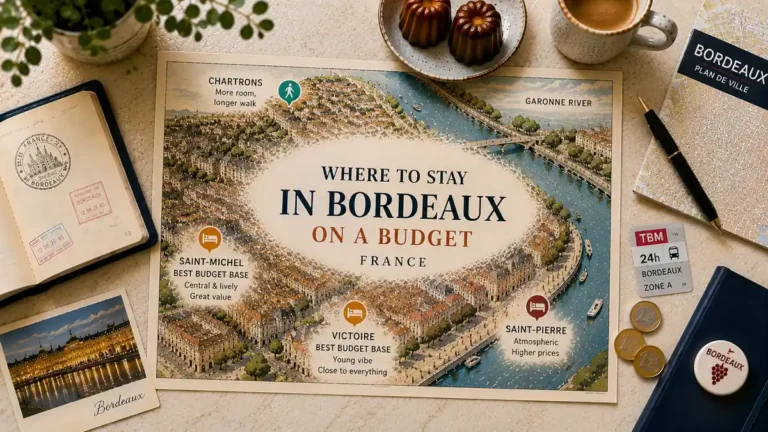 Overhead flat lay with an illustrated Bordeaux budget-stay map highlighting Saint-Michel, Victoire, Chartrons and Saint-Pierre.