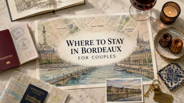 Bordeaux couples stay guide flat lay with illustrated city map, passport, wine, canelés, and travel props