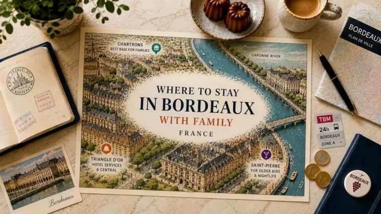 Where to Stay in Bordeaux with Kids: Why Chartrons Wins 8 Overhead flat lay with an illustrated Bordeaux family-stay map highlighting Chartrons, the Triangle d'Or and Saint-Pierre.