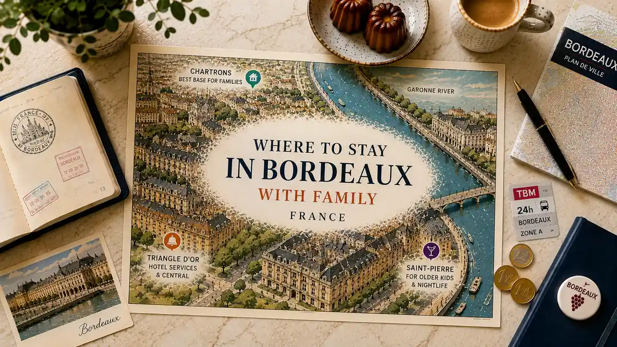 Where to Stay in Bordeaux with Kids: Why Chartrons Wins 2 Overhead flat lay with an illustrated Bordeaux family-stay map highlighting Chartrons, the Triangle d'Or and Saint-Pierre.