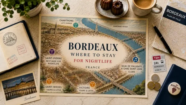 Overhead flat lay with an illustrated Bordeaux nightlife map showing Saint-Pierre, Saint-Michel, Victoire, Chartrons and the Garonne.