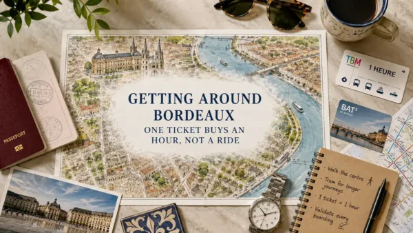 Overhead Bordeaux transport map with a passport, transit cards, notebook, coffee, sunglasses, and travel props.