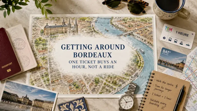 Getting Around Bordeaux: One Ticket Buys an Hour, Not a Ride 7 Overhead Bordeaux transport map with a passport, transit cards, notebook, coffee, sunglasses, and travel props.
