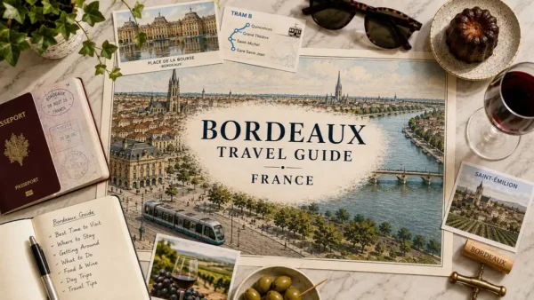 Overhead Bordeaux travel flat lay with illustrated city map, passport, tram card, canelé, red wine and vineyard details.