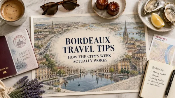 Bordeaux travel tips flat lay with illustrated city map, passport, canelés, oysters, coffee, and walking map.