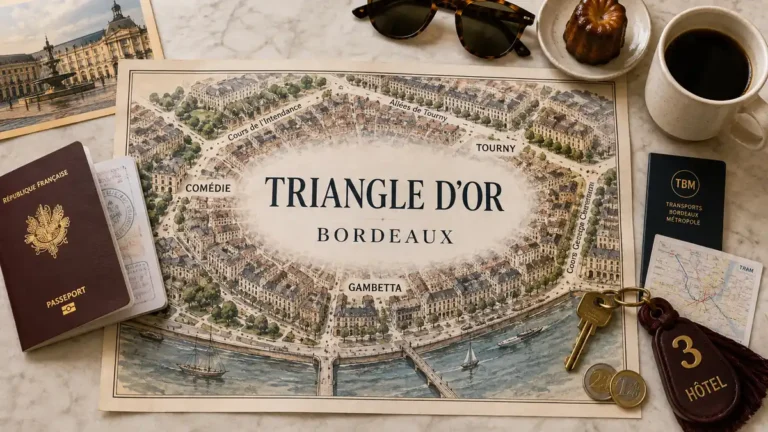 Triangle d'Or, Bordeaux: Where to Stay Comes Down to a Corner 8 Overhead flat lay with an illustrated map of Bordeaux’s Triangle d’Or highlighting Comédie, Tourny, and Gambetta, surrounded by travel-planning props.