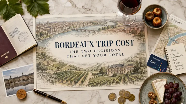 Bordeaux Trip Cost: The Two Decisions That Set Your Total 9 Bordeaux trip cost flat lay with an illustrated Bordeaux map, passport, wine, canelés, planning notebook, transport card, coins, cheese, and grapes.