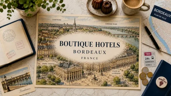 Overhead flat lay with an illustrated Bordeaux map, passport, coffee, canelés and travel-planning props for a boutique hotel guide.