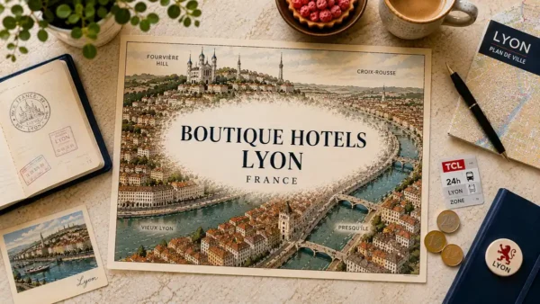 Overhead flat lay with an illustrated Lyon map, passport, coffee, praline tart and travel-planning props for a boutique hotel guide.
