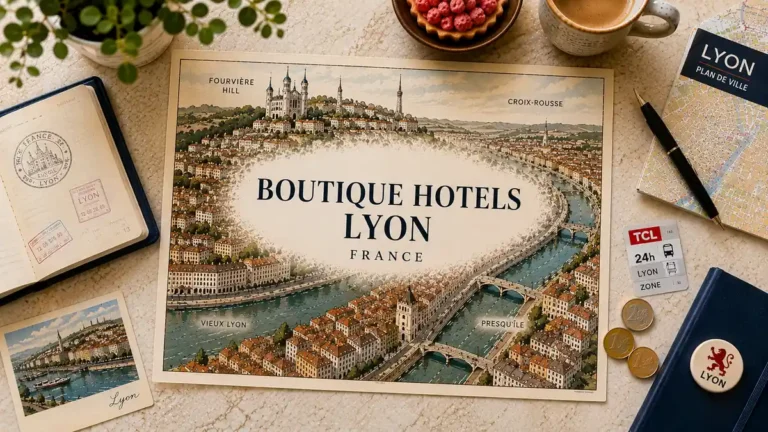 Overhead flat lay with an illustrated Lyon map, passport, coffee, praline tart and travel-planning props for a boutique hotel guide.