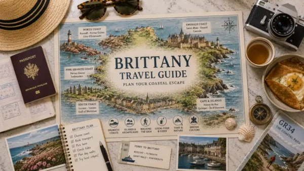 Overhead Brittany travel map with passport, coastal postcards, ferry ticket, notebook, compass, galette, and GR34 walking guide.
