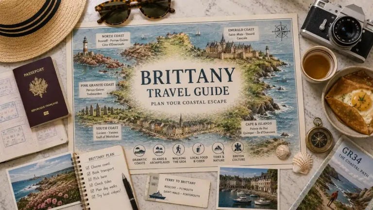 Travel to Brittany, France: Coasts, Days and How to Get Around 1 Overhead Brittany travel map with passport, coastal postcards, ferry ticket, notebook, compass, galette, and GR34 walking guide.